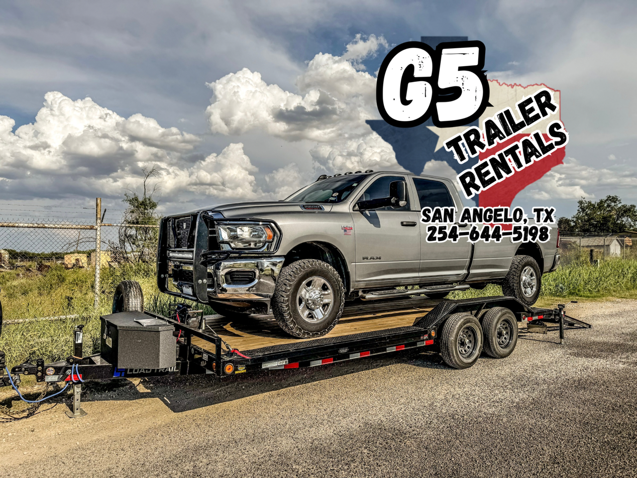 Silver RAM pickup truck on professional car hauler trailer - San Angelo trailer rental